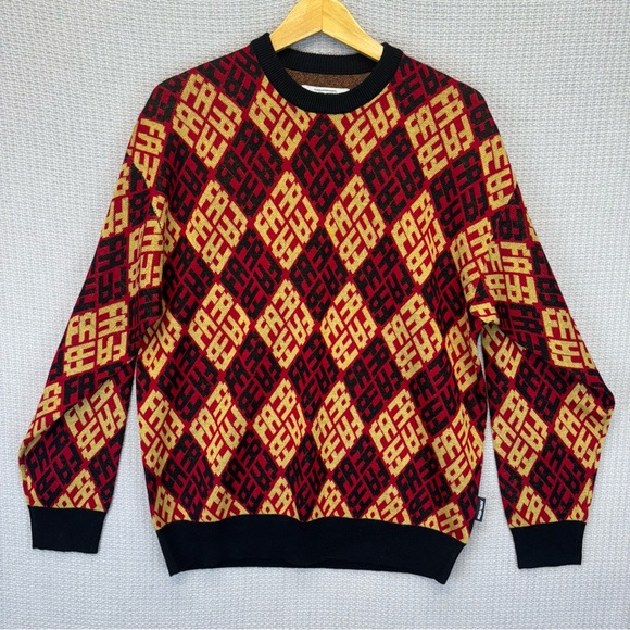 FuckingAwesome FA Red Yellow Knit Polo Sweater Men's Med Argyle Logo All Over